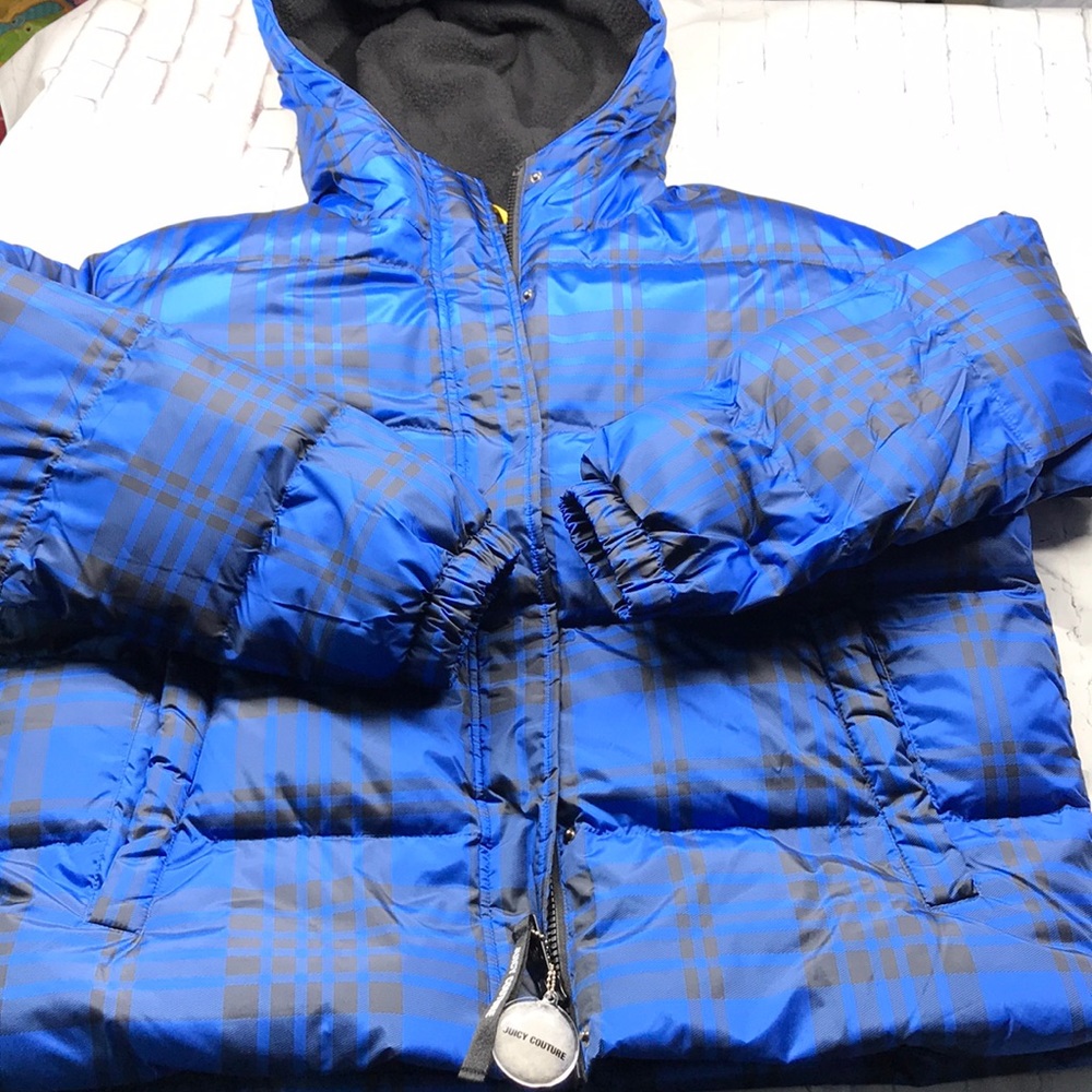 Womens large winter jacket Juicy Couture blue plaid puffer coat hood NWT